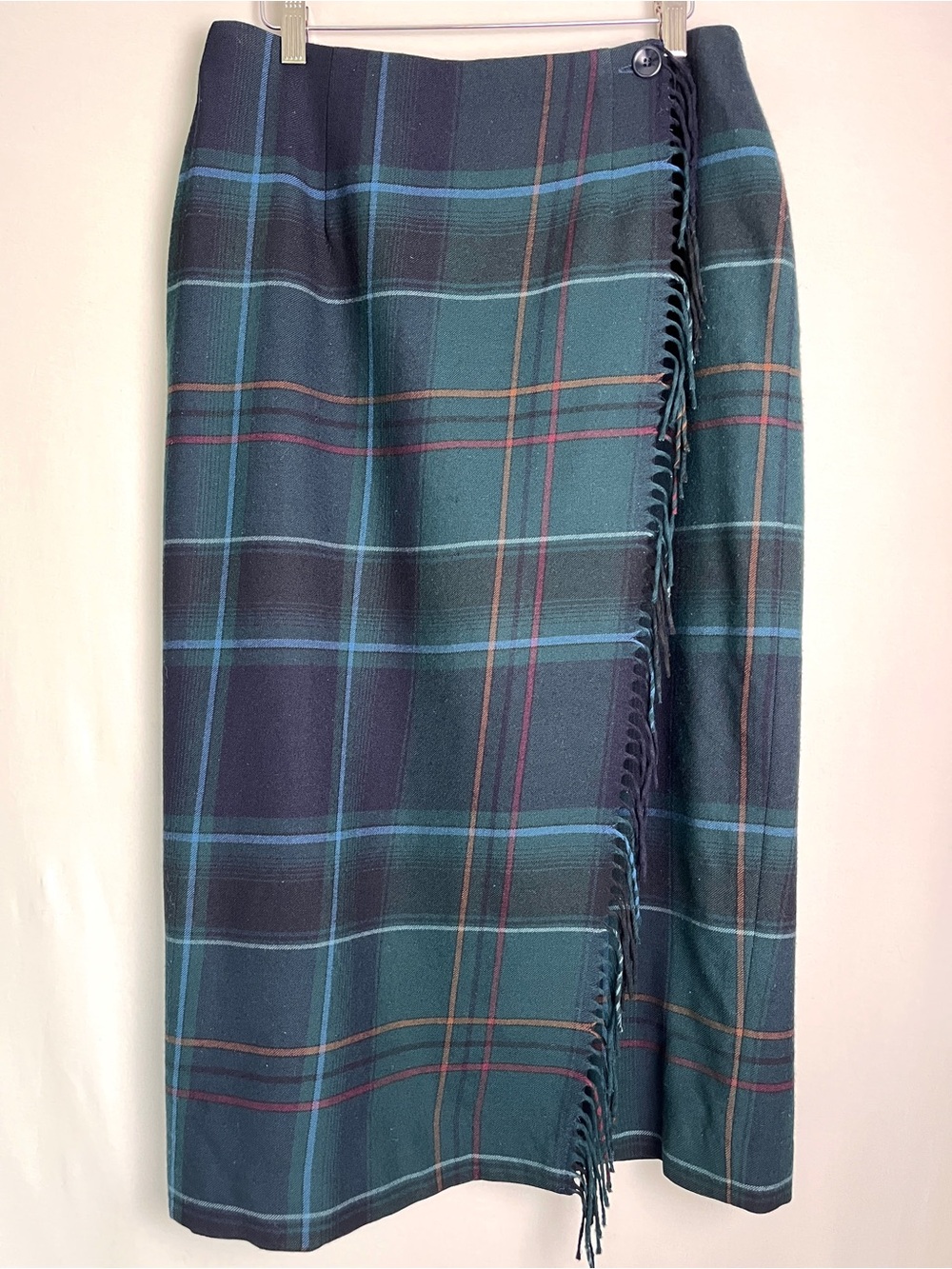 Talbots Petites Wool Plaid Fringed Wrap Column Skirt Green Tartan 12P